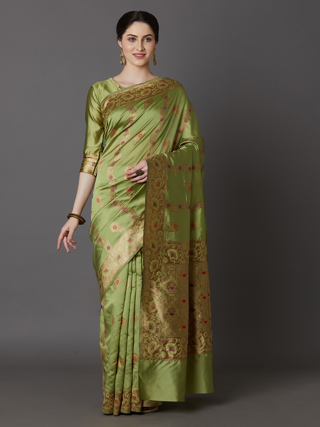 

Mitera Olive Green Silk Blend Woven Design Kanjeevaram Saree