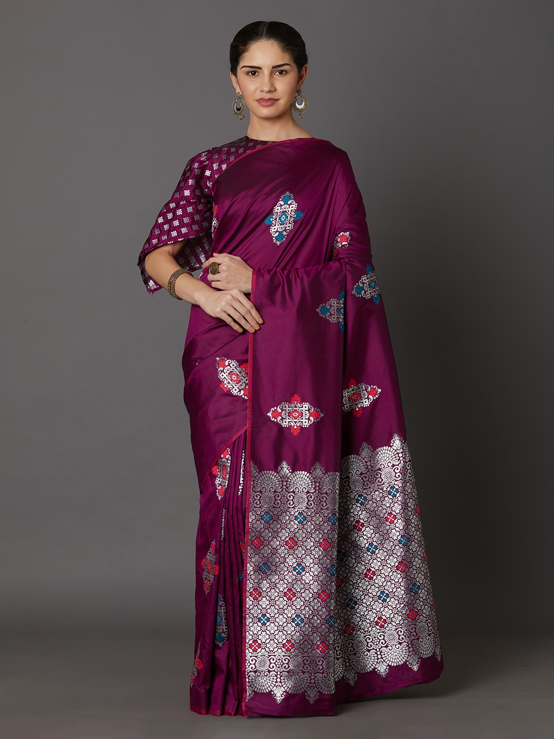 

Mitera Purple Silk Blend Printed Kanjeevaram Saree