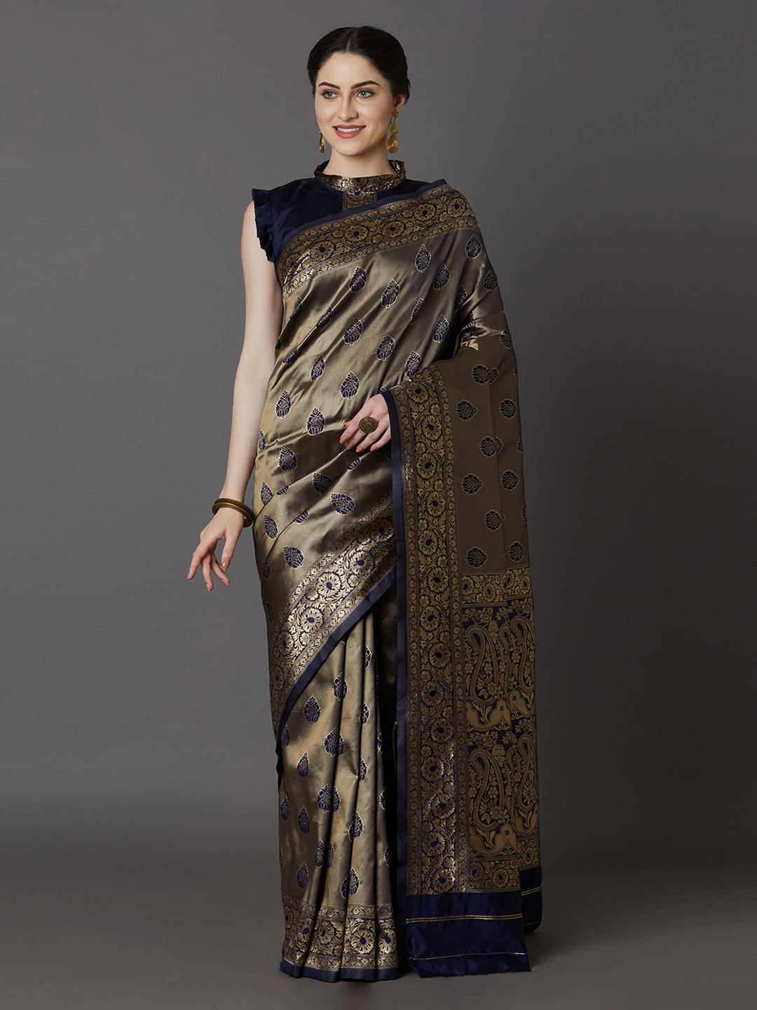 

Mitera Navy Blue Silk Blend Woven Design Kanjeevaram Saree
