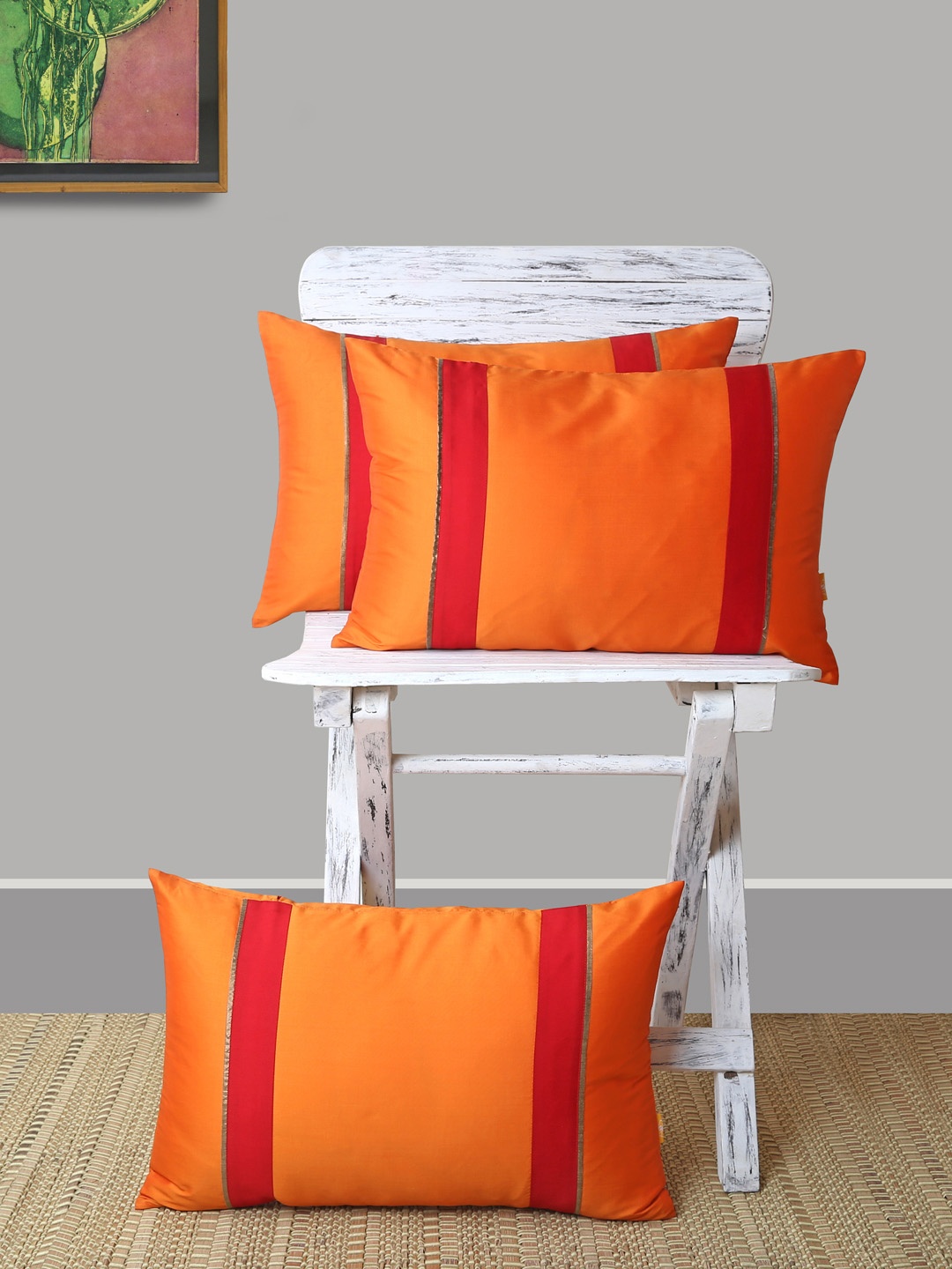 ANS Orange & Red Set of 3 Striped Rectangle Cushion Covers