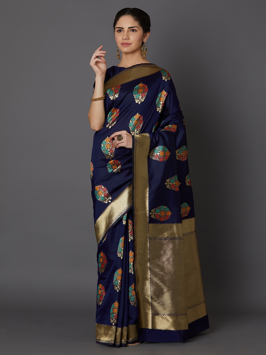 

Mitera Navy Blue & Golden Woven Design Kanjeevaram Saree