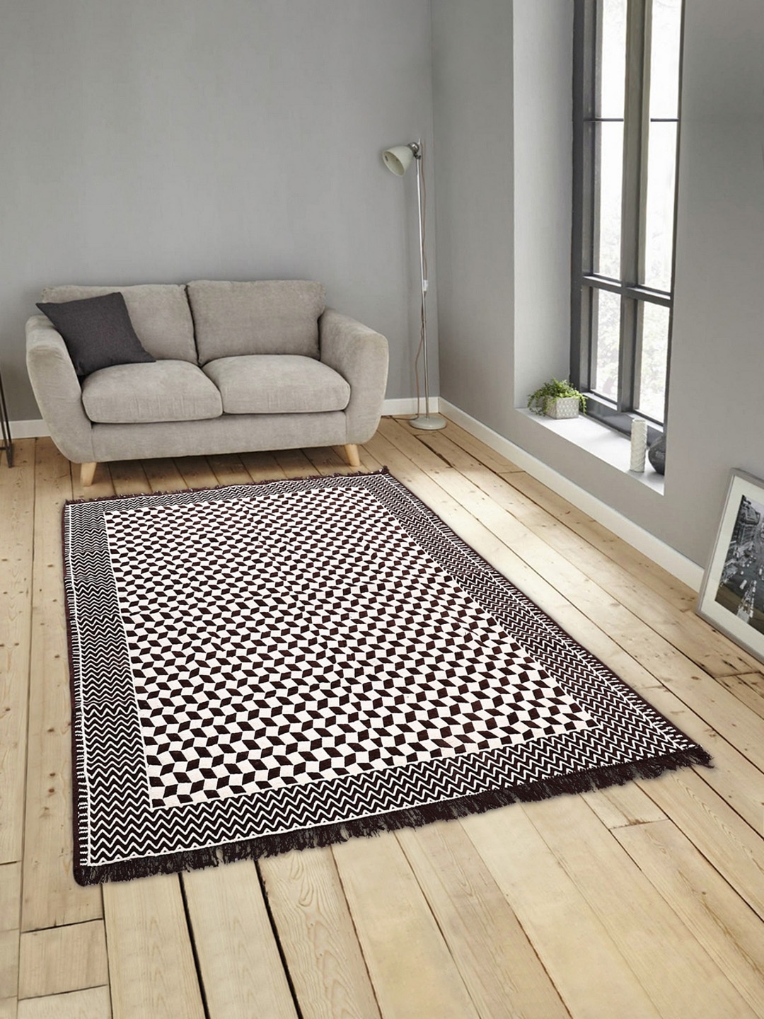 

ROMEE Brown & Off-White Polyester Geometric Patterned Carpet