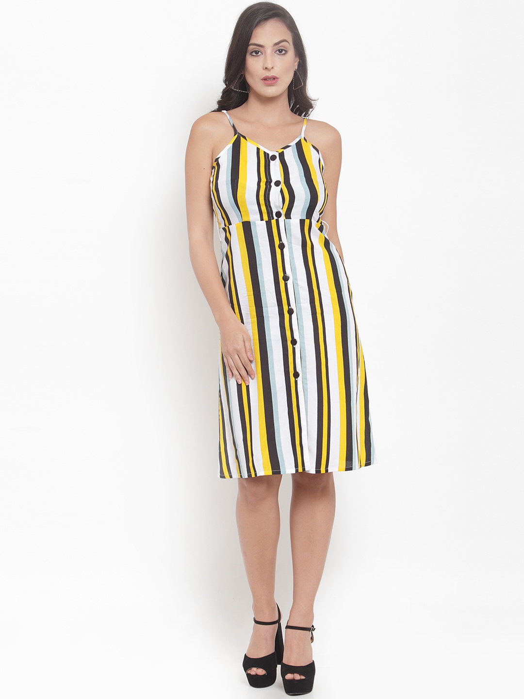 

Purple State Women White Striped Fit and Flare Dress