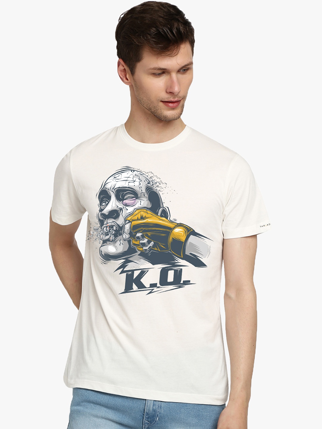 THREADCURRY Men White & Grey Printed Round Neck T-shirt