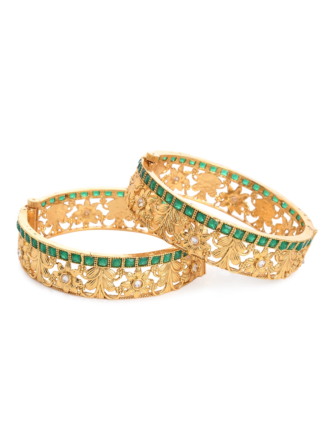 

Bamboo Tree Jewels Set of 2 Gold-Toned & Green Kundan Studded Bangles
