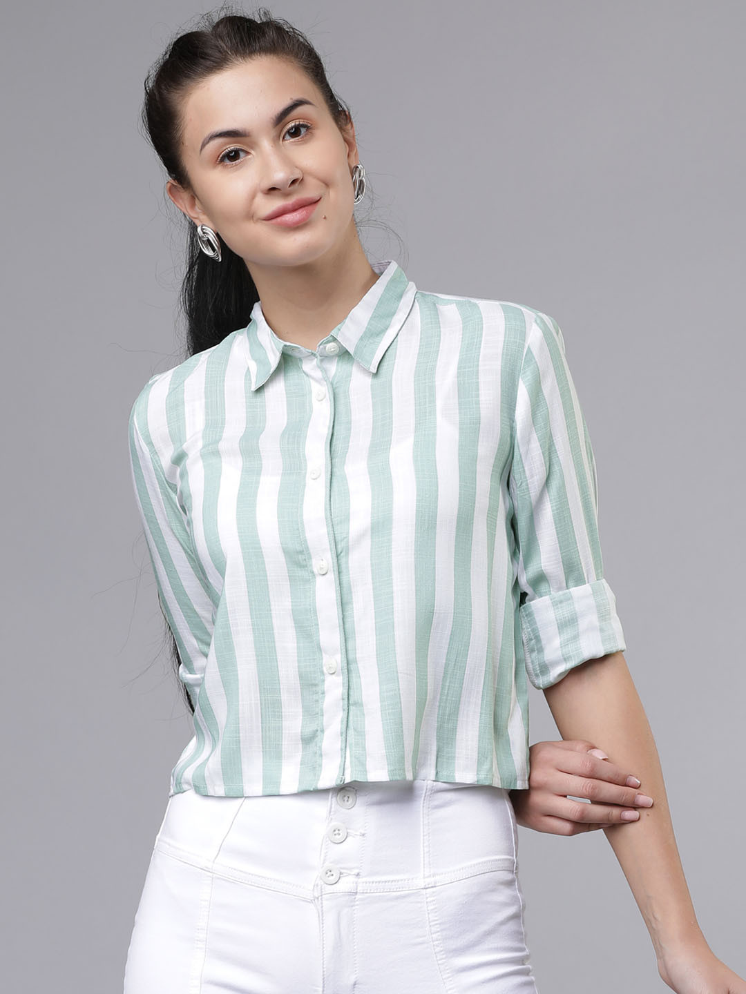 

Tokyo Talkies Women Sea Green & White Striped Regular Fit Casual Shirt