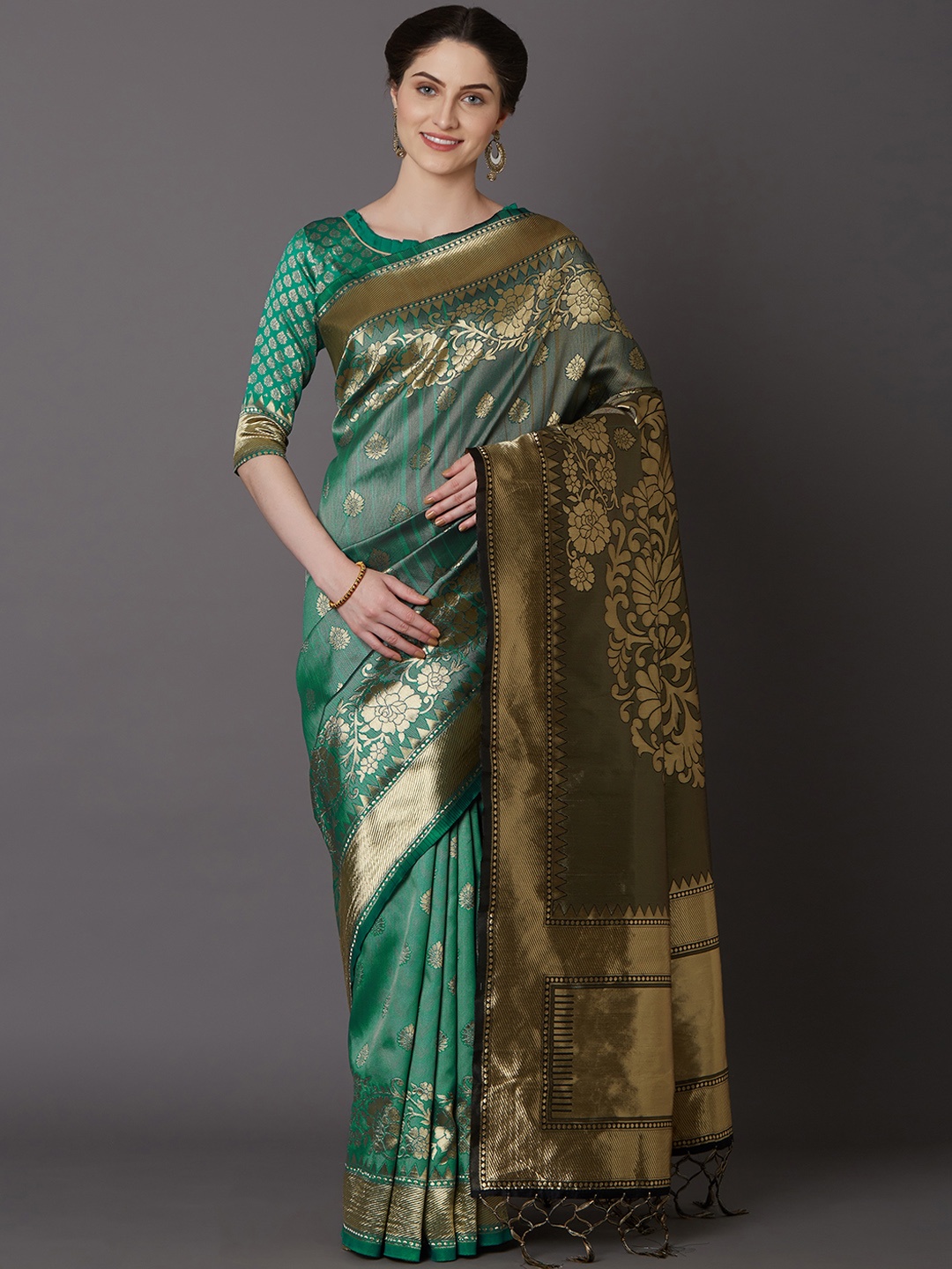 

Mitera Teal & Gold-Coloured Silk Blend Woven Design Kanjeevaram Saree