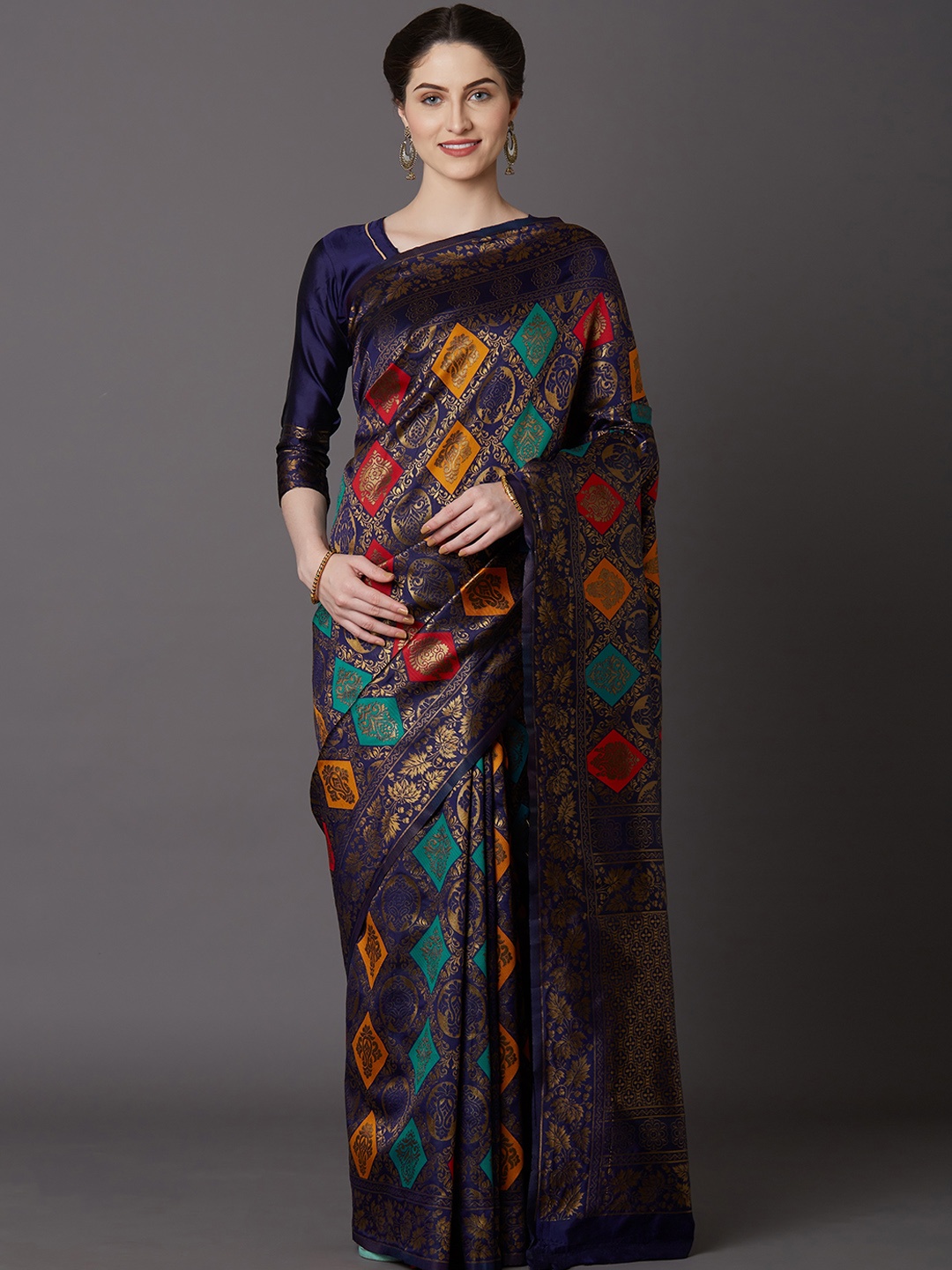 

Mitera Navy Blue & Gold-Toned Silk Blend Woven Design Kanjeevaram Saree