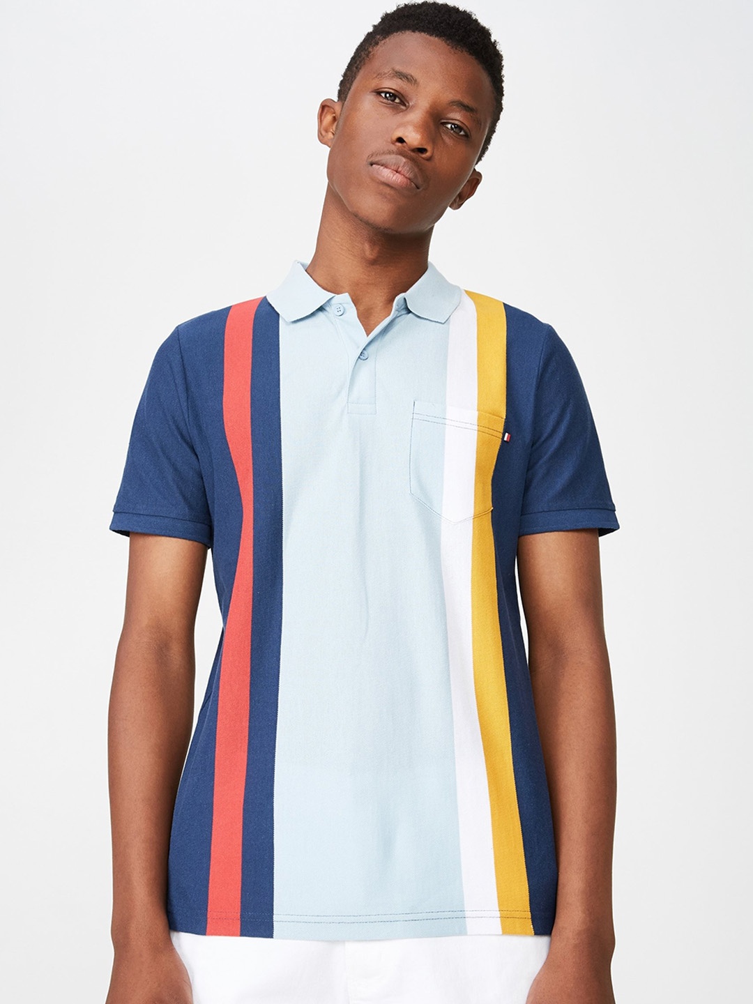 COTTON ON Men Navy Blue & Yellow Striped Polo Collar T-shirt