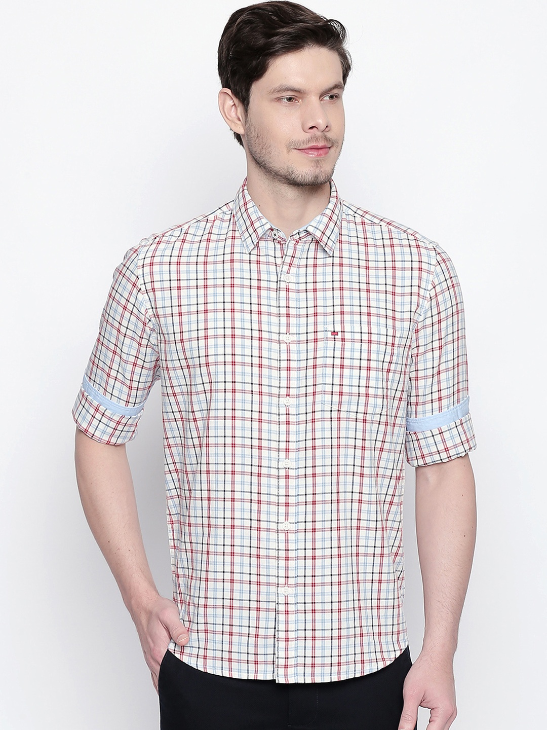 

Basics Men Red & Off-White Checked Slim Fit Casual Shirt