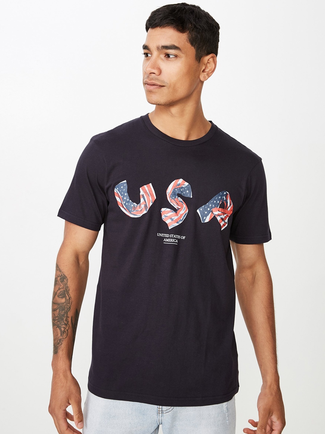 

COTTON ON Men Navy Blue Printed Round Neck T-shirt