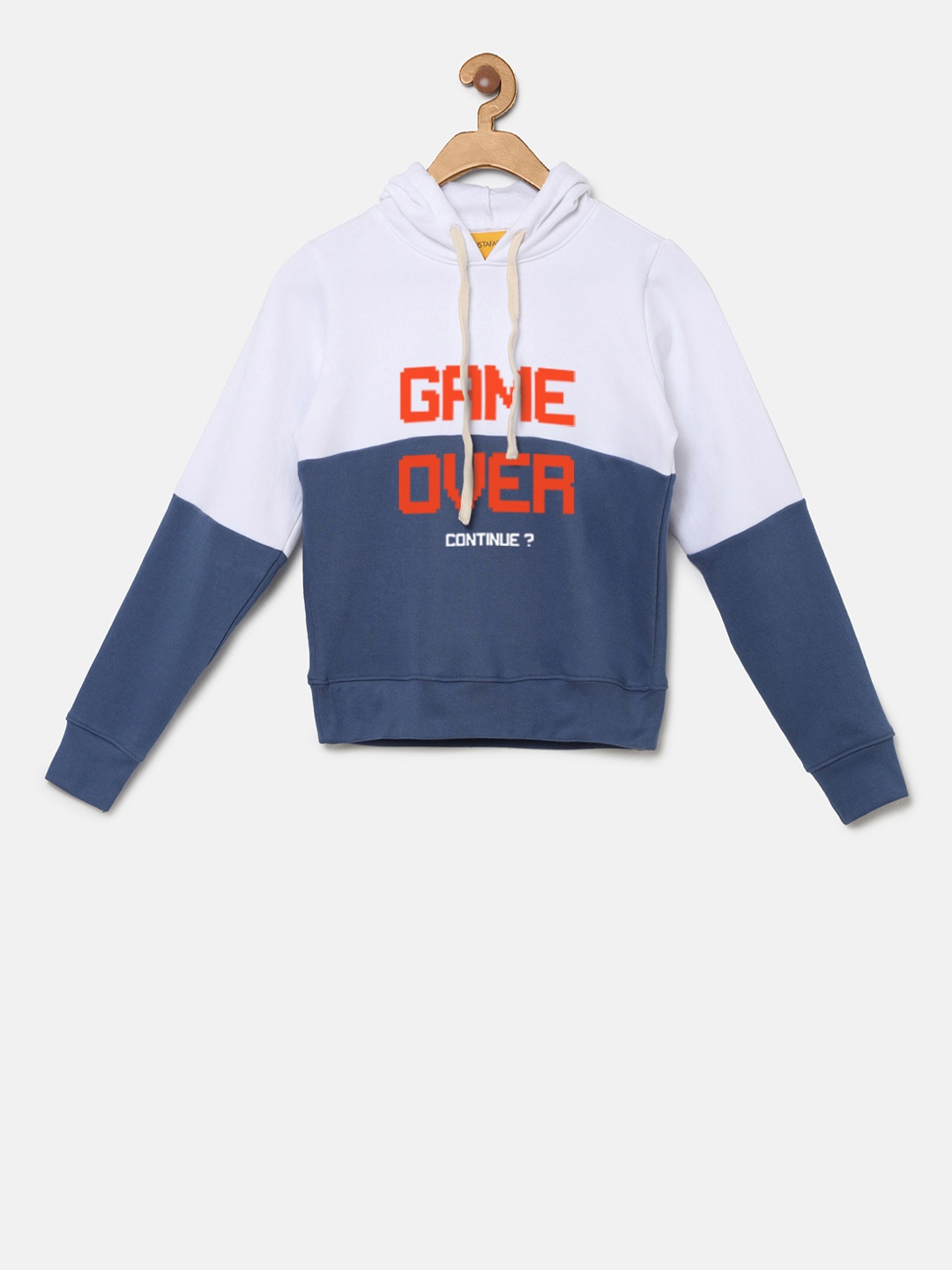 

Instafab Boys White & Blue Colourblocked Hooded Sweatshirt