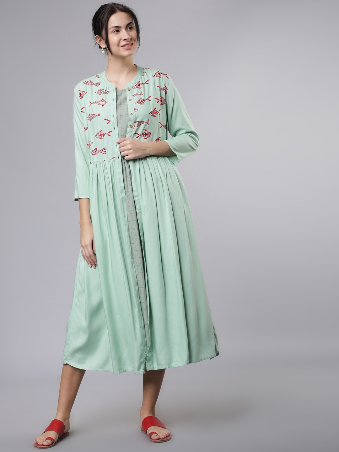 

Vishudh Women Sea Green Embroidered Layered Fit and Flare Dress