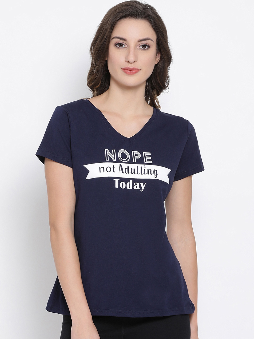 

Clovia Women Blue Printed V-Neck Lounge T-shirt