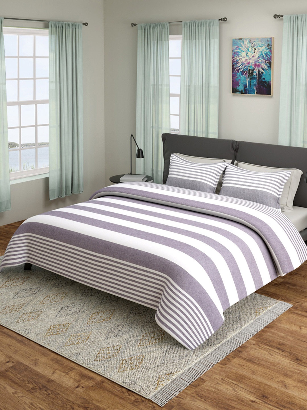

ROMEE Grey & White Queen Sized Striped 180TC Bed Cover With 2 Pillow Cases