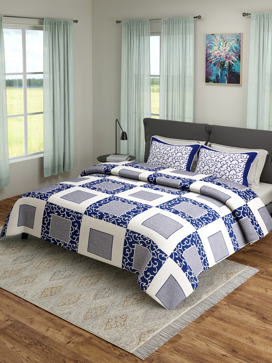 

ROMEE Blue & White Geometric Printed Queen Size 180 TC Bed Sheet With 2 Pillow Covers