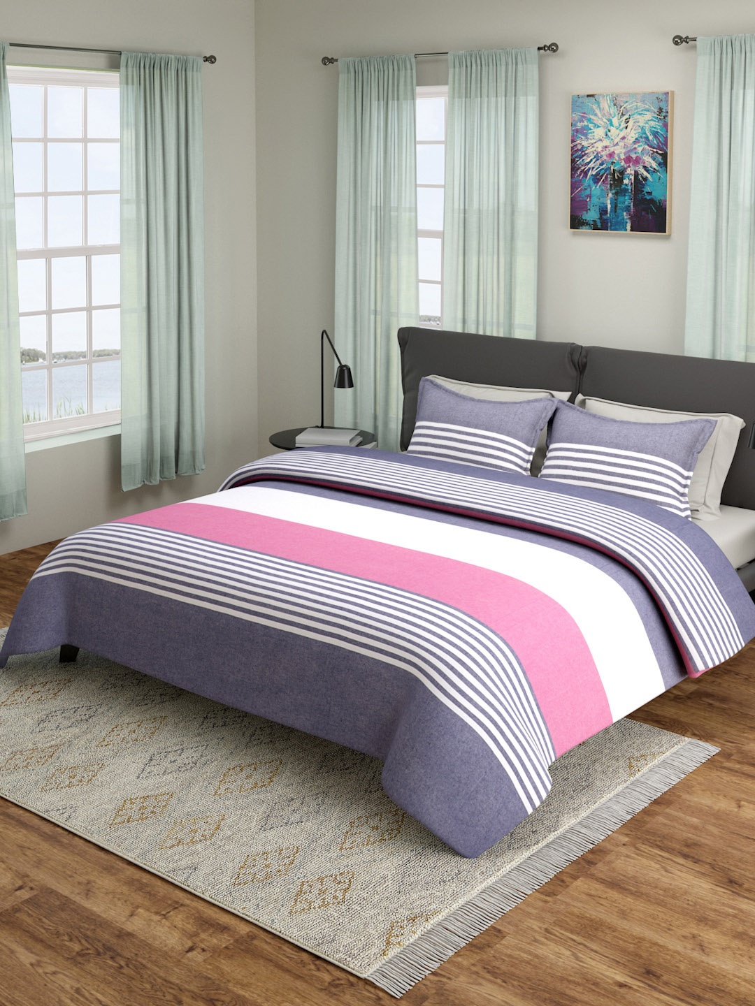 

ROMEE Grey & Pink Queen Sized Striped 180TC Bed Cover With 2 Pillow Cases