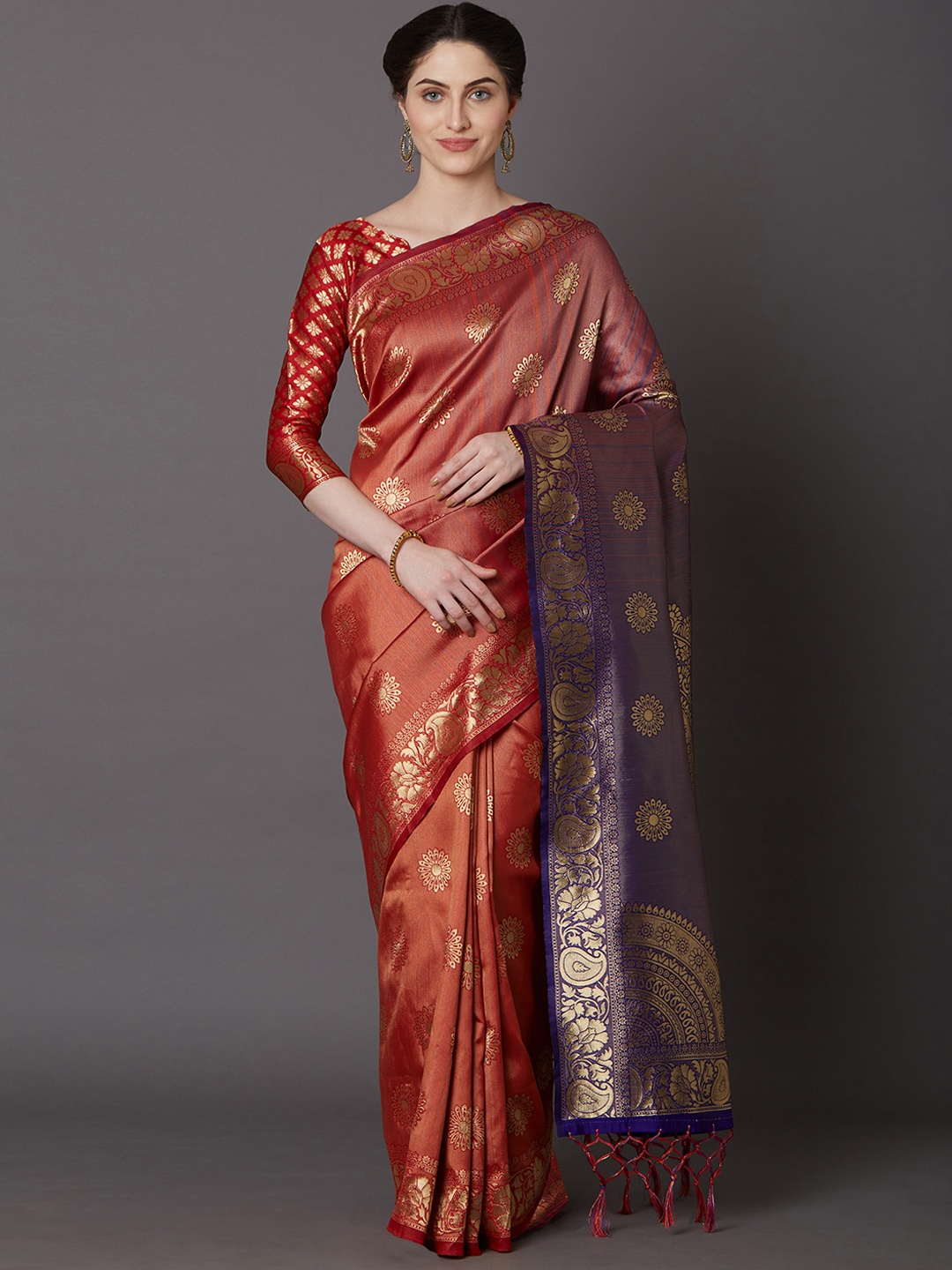 

Mitera Orange & Gold-Coloured Silk Blend Woven Design Kanjeevaram Saree
