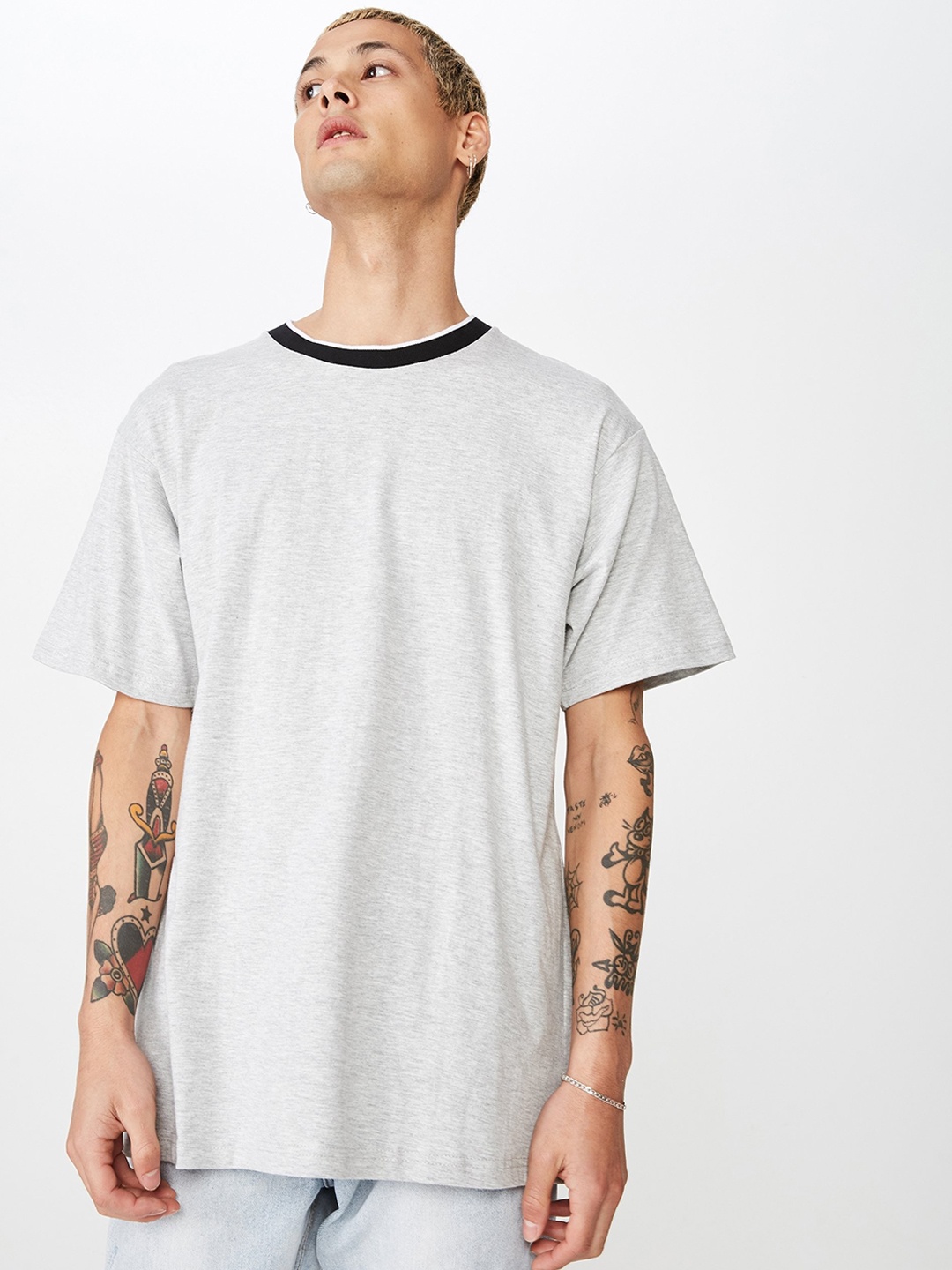 

COTTON ON Men Grey Melange Solid Round Neck T-shirt