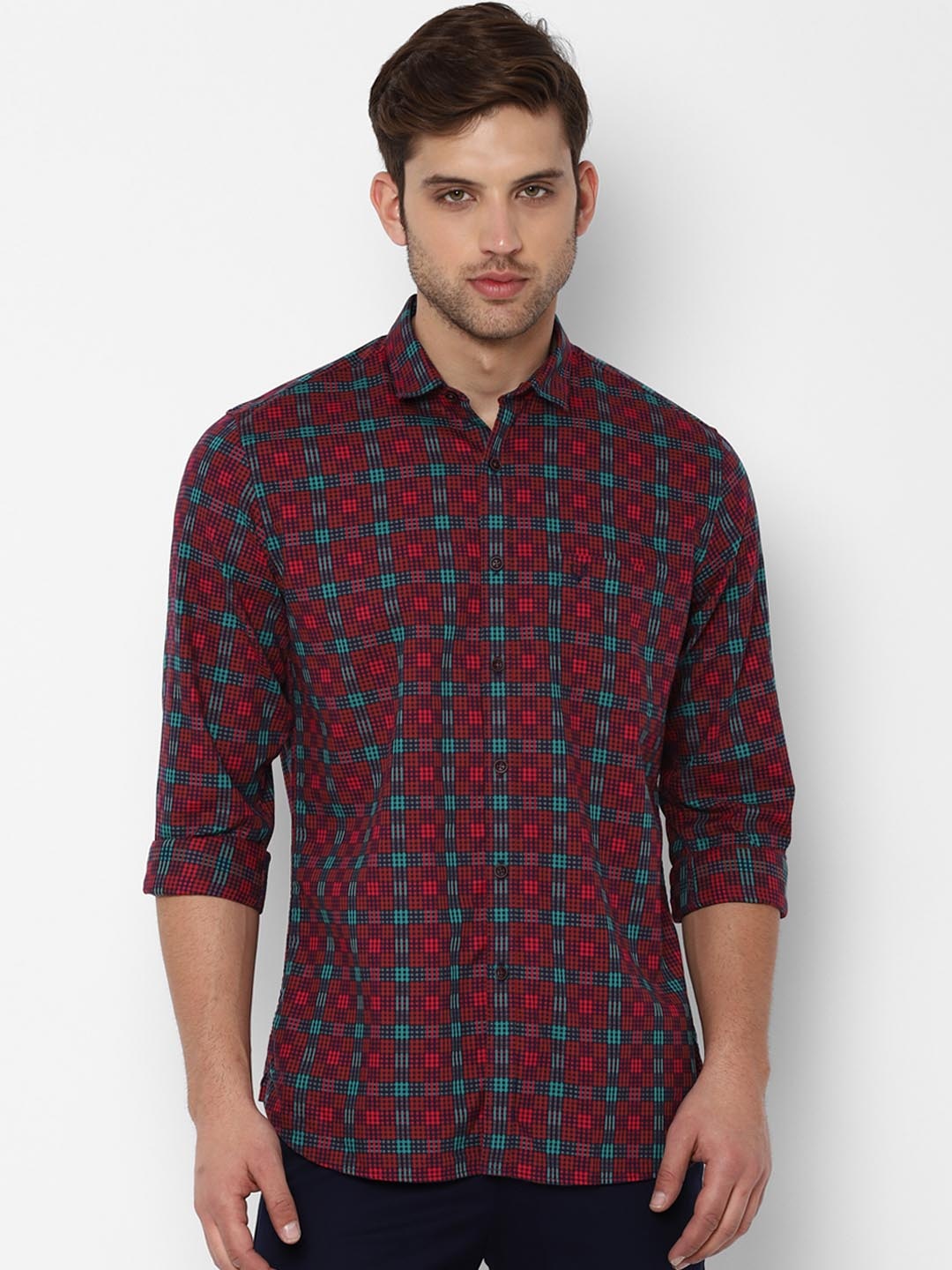 

Allen Solly Men Maroon & Turquoise Blue Slim Fit Checked Casual Shirt