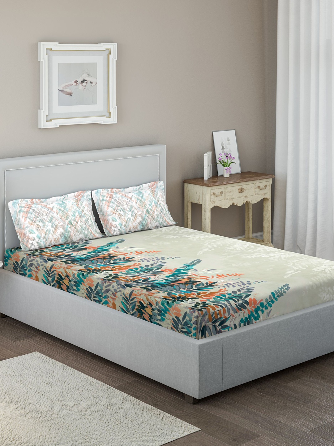 

DDecor Beige & Teal Floral 144 TC Cotton 1 Queen Bedsheet with 2 Pillow Covers