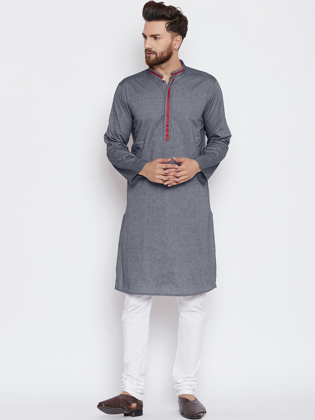 

even Men Grey Solid Straight Kurta
