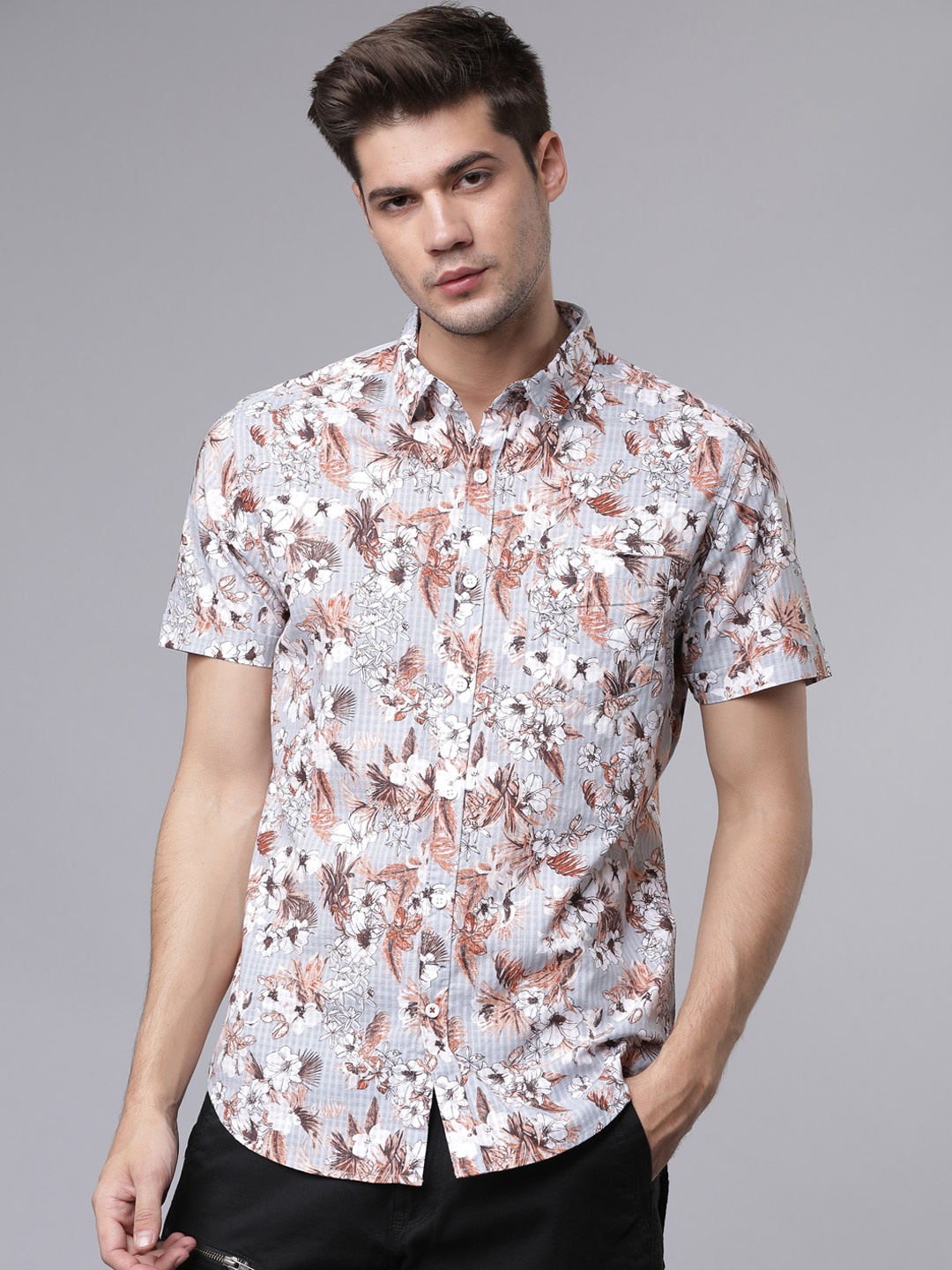 

HIGHLANDER Men Grey & Rust Orange Slim Fit Printed Casual Shirt