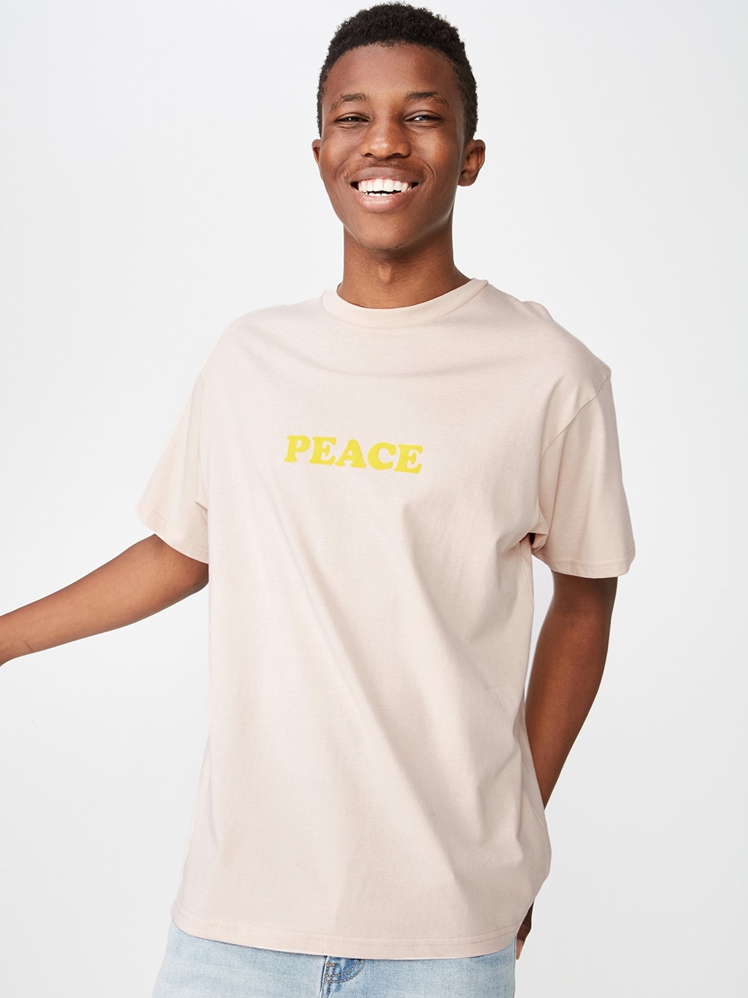 

COTTON ON Men Cream-Coloured Printed Round Neck T-shirt, Beige