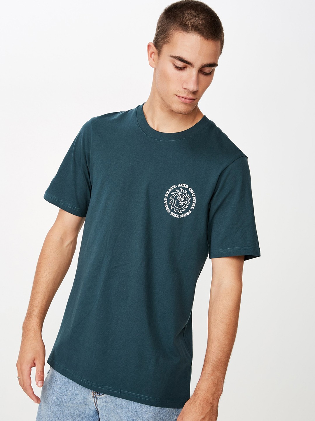 

COTTON ON Men Teal Green & White Printed Round Neck T-shirt