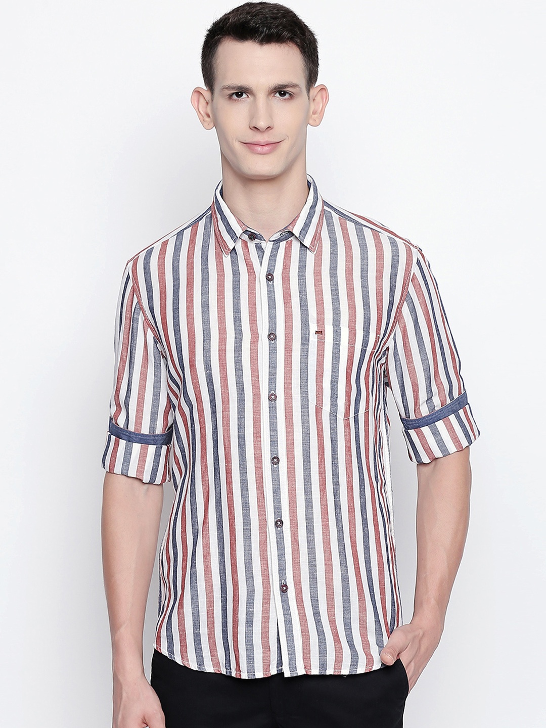 

Basics Men Red & Off-White Slim Fit Striped Casual Shirt