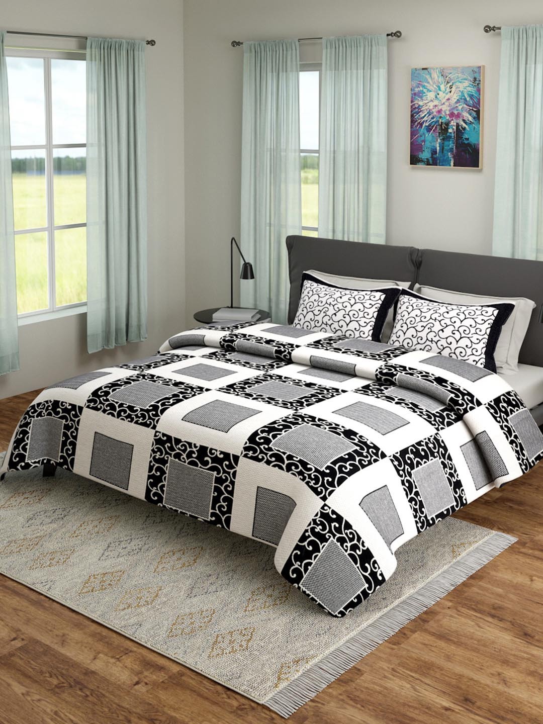 

ROMEE Black & White Geometric Printed Queen Size 180 TC Bed Sheet With 2 Pillow Covers