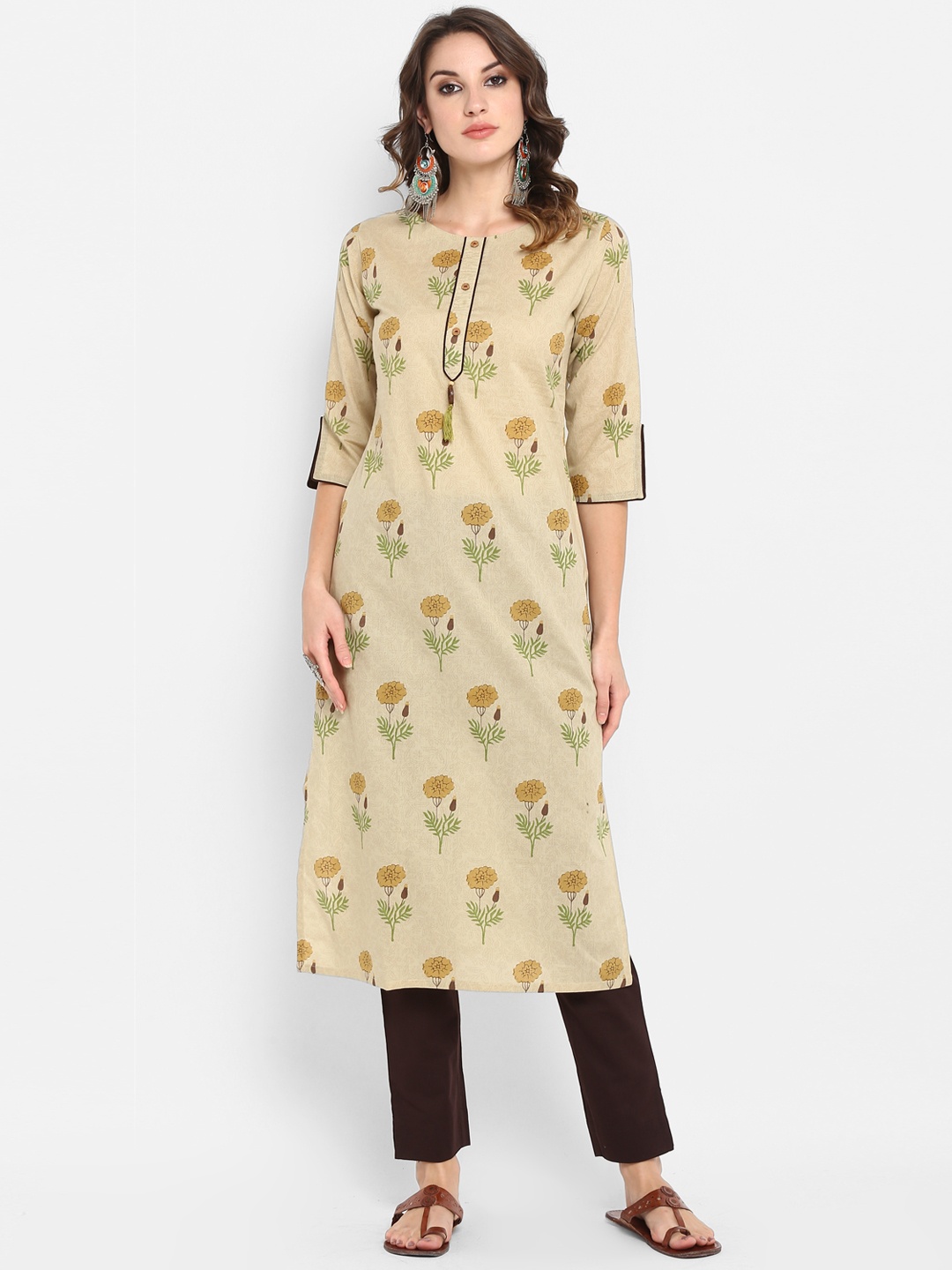 

Janasya Women Beige & Brown Printed Kurta with Trousers