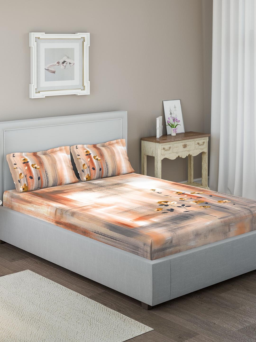 

DDecor Orange & Grey Floral 144 TC Cotton 1 Queen Bedsheet with 2 Pillow Covers