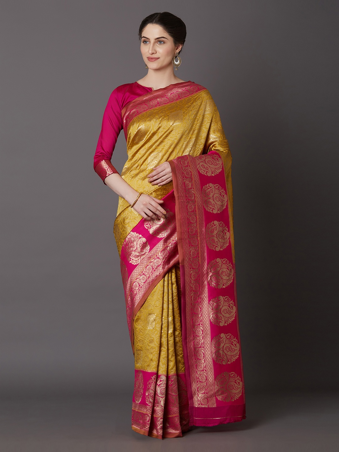 

Mitera Mustard & Pink Silk Blend Woven Design Kanjeevaram Saree
