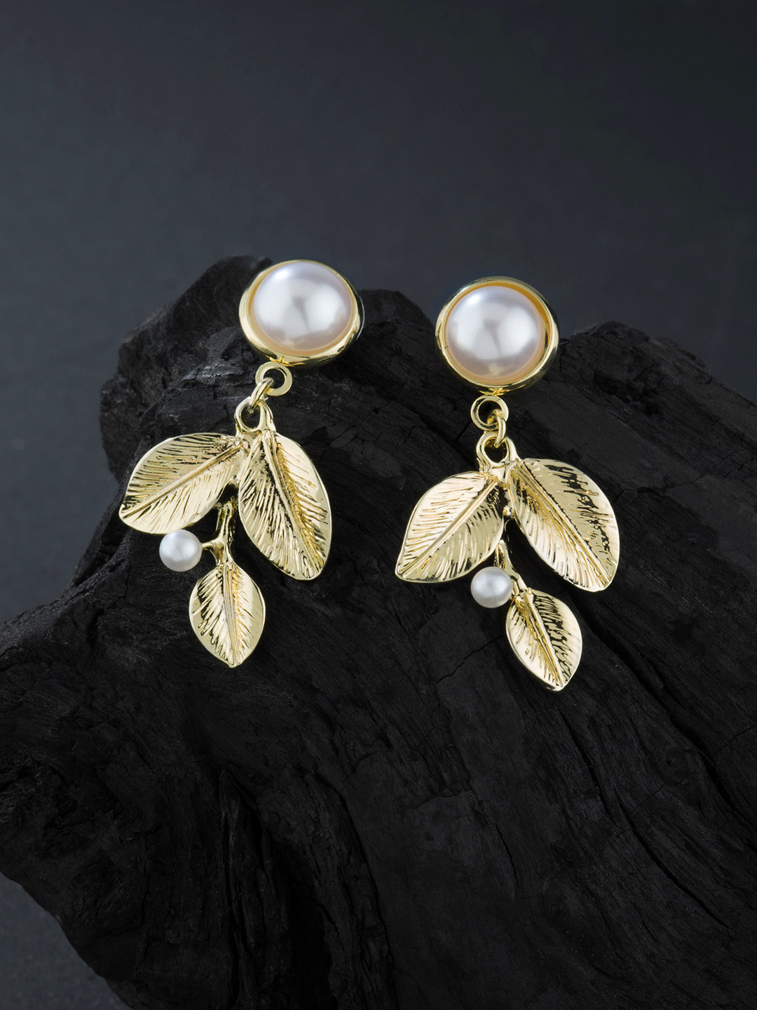 

E2O Gold-Plated & White Leaf Shaped Drop Earrings