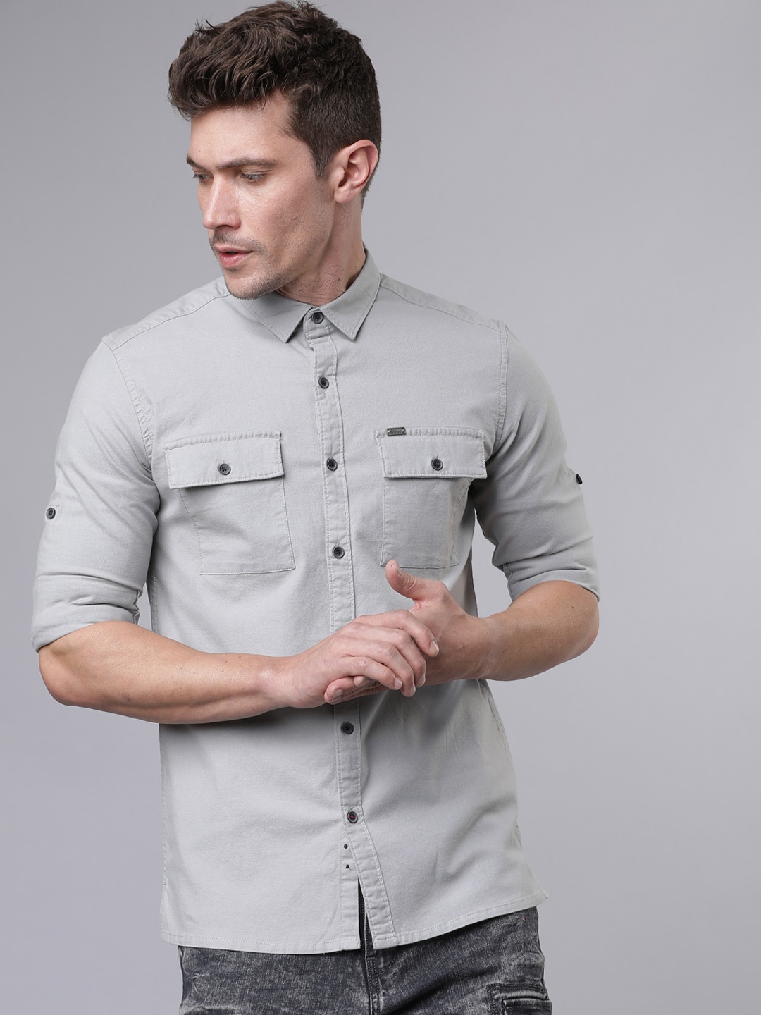 

LOCOMOTIVE Men Grey Slim Fit Solid Casual Shirt