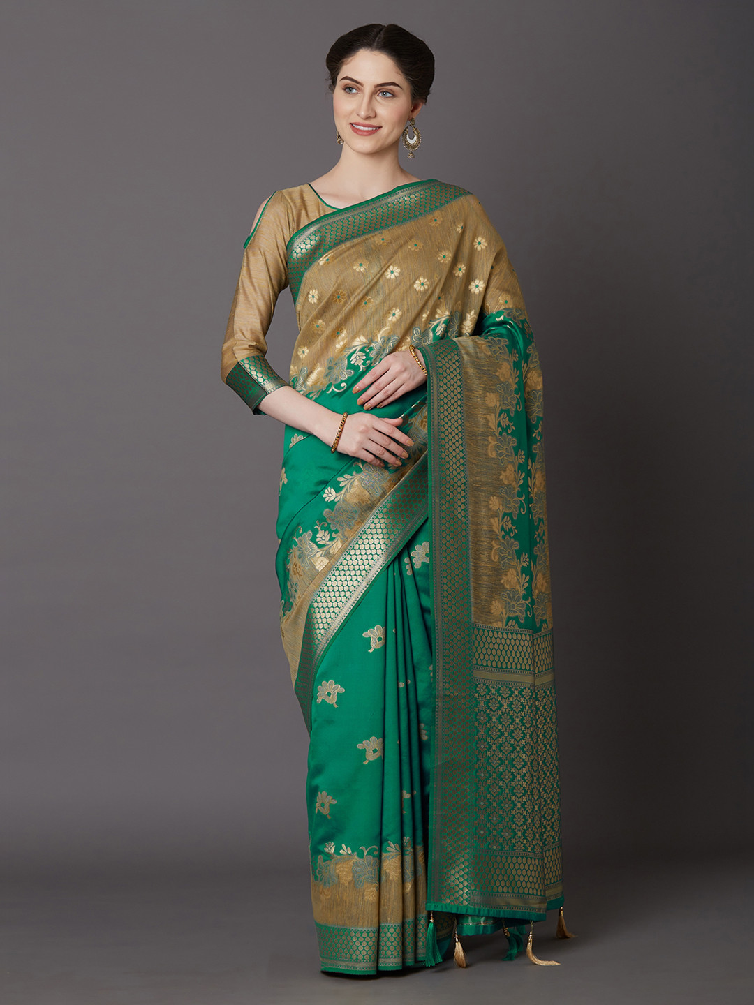 

Mitera Teal & Beige Silk Blend Woven Design Kanjeevaram Saree