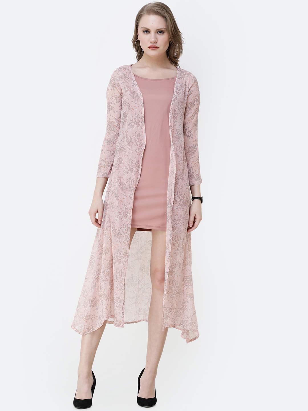 SCORPIUS Women Pink Printed Open Front Shrug