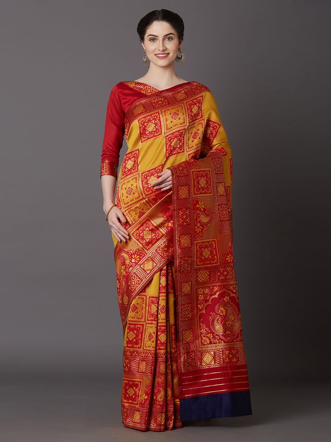 

Mitera Mustard Yellow & Red Silk Blend Woven Design Kanjeevaram Saree