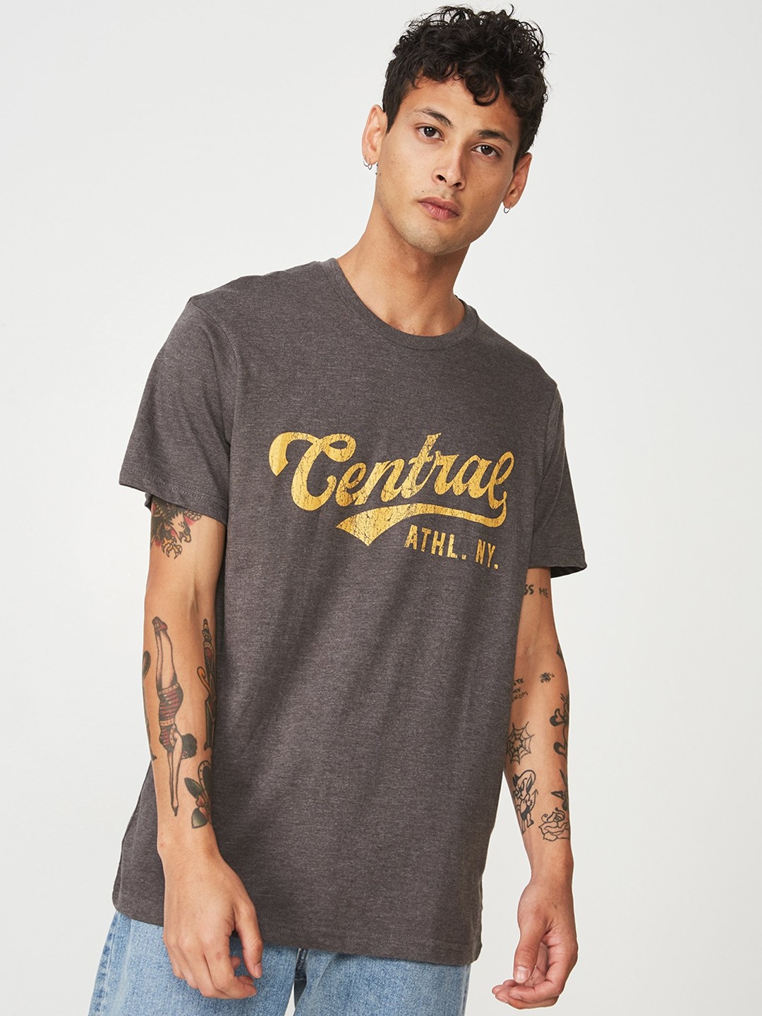 

COTTON ON Men Charcoal Grey & Yellow Printed Round Neck T-shirt