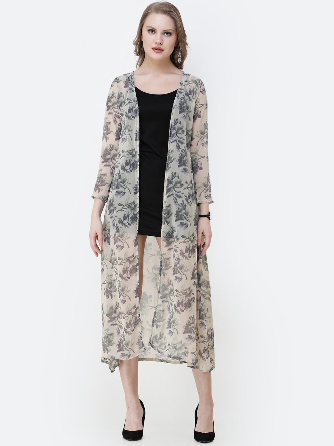 

SCORPIUS Women Grey & Off-White Printed Open Front Shrug