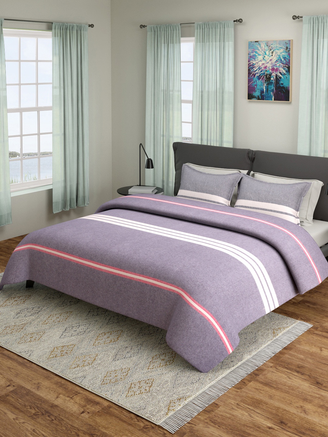 

ROMEE Purple & White Queen Sized Striped 180TC Bed Cover With 2 Pillow Cases