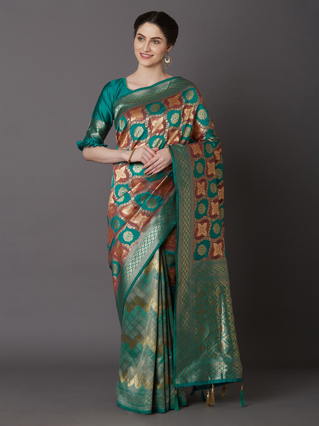

Mitera Teal Green Silk Blend Woven Design Kanjeevaram Saree