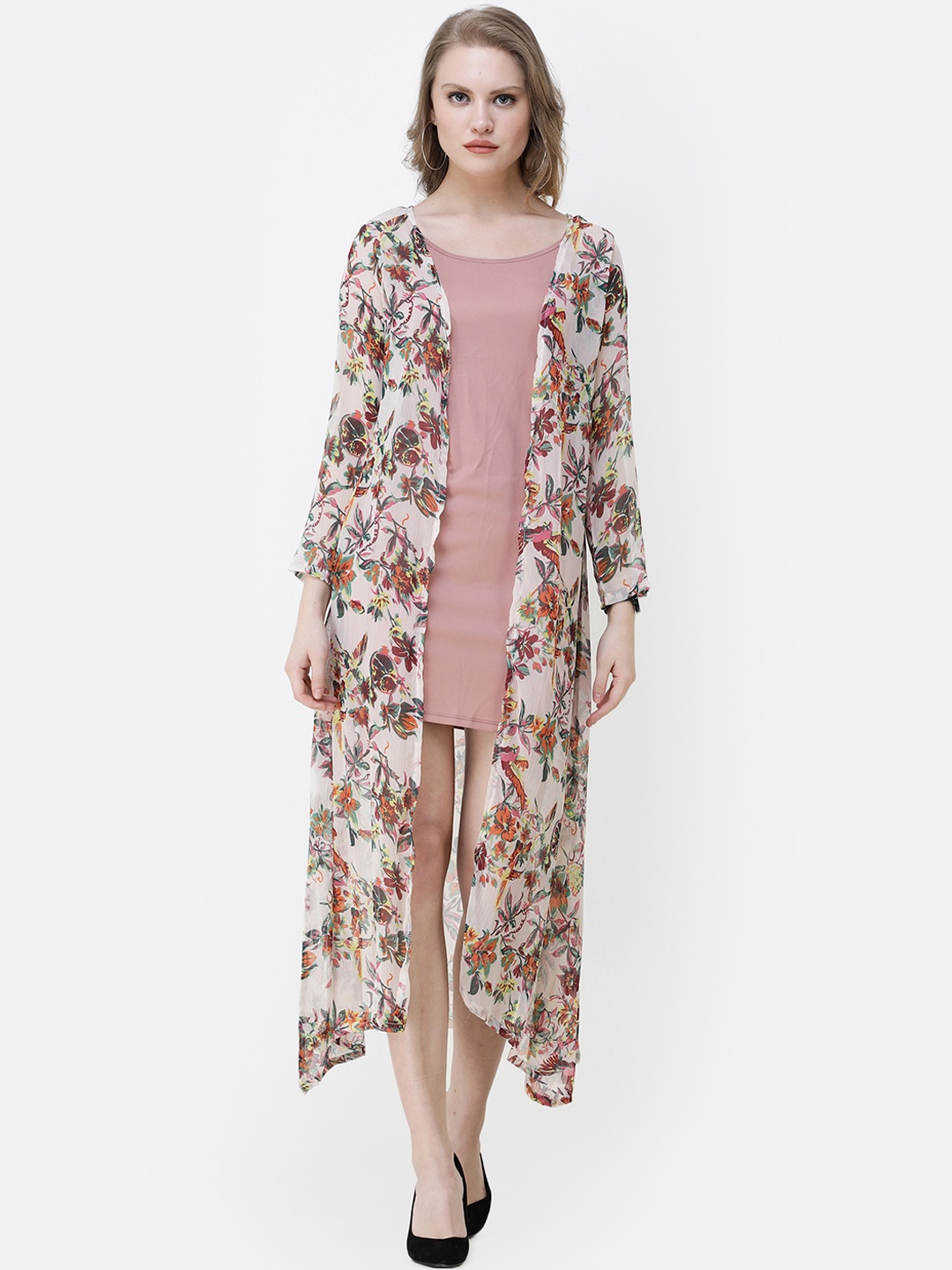 

SCORPIUS Women White & Green Printed Open Front Shrug