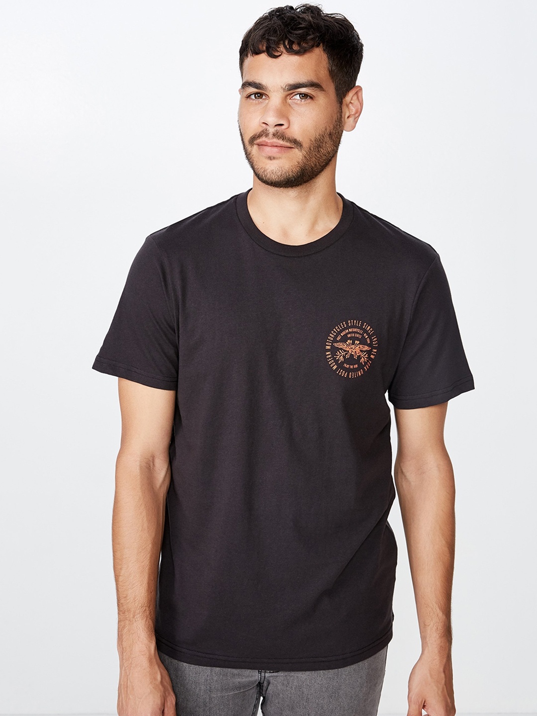 

COTTON ON Men Black Tbar Moto Printed Round Neck T-shirt