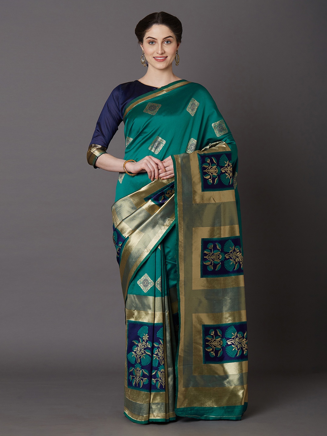 Mitera Teal & Gold-Toned Silk Blend Woven Design Kanjeevaram Saree