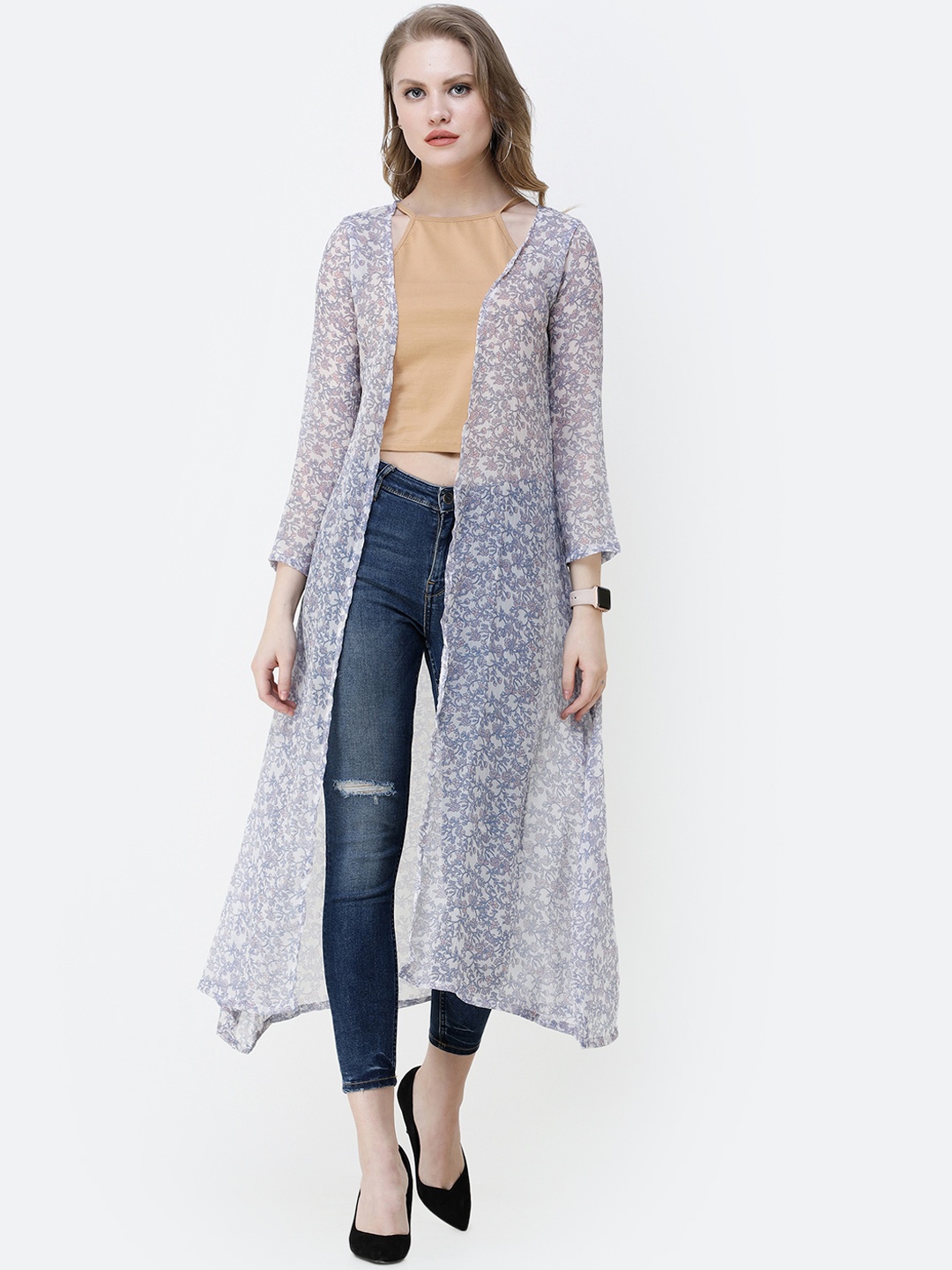 

SCORPIUS Women White & Lavender Printed Open Front Shrug