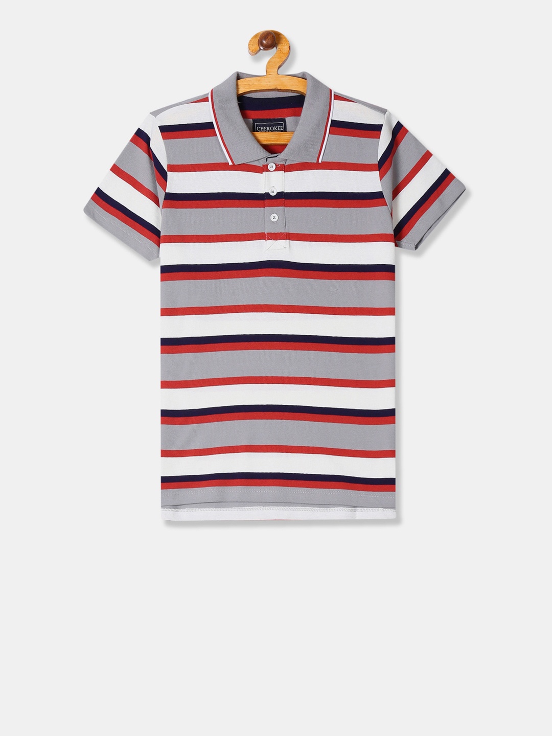 

Cherokee Boys Grey & White Striped Polo Collar T-shirt