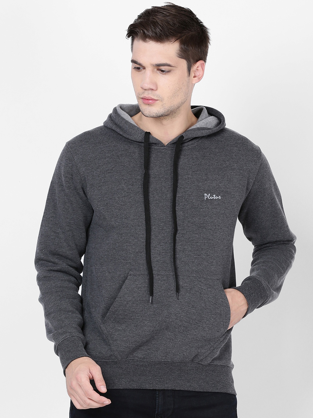

Plutus Men Charcoal Solid Hooded Sweatshirt