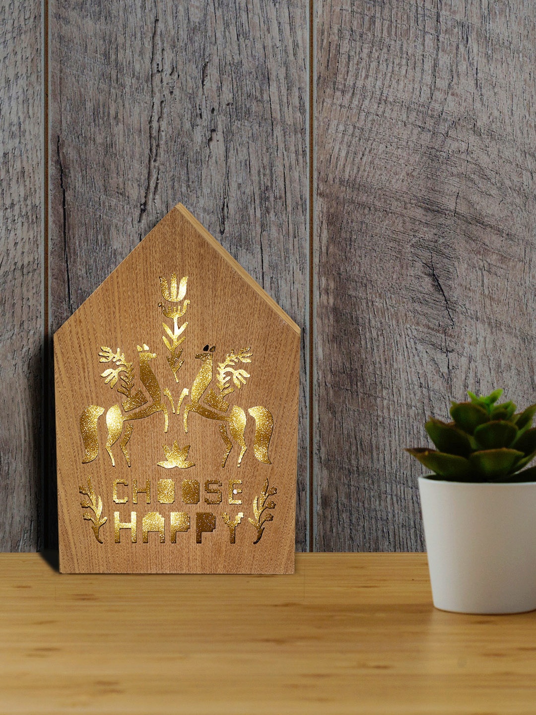 

Chumbak Brown & Black Choose Happy Printed Table Decor With Led Light
